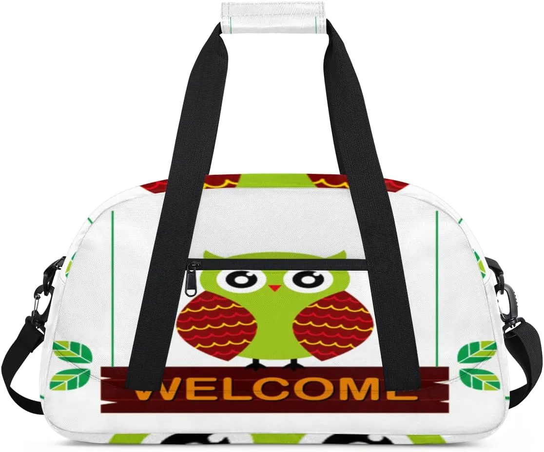 Cartoon Owl Gym Duffel Bag for Men Women Owl Welcome Sports Tote Bag with Adjustable Shoulder Strap for Dance Gymnastics Traveling Outdoor Camping Overnight Stay