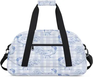 Cartoon Rooster Gym Duffel Bag for Men Women Checkered Pattern Sports Tote Bag with Adjustable Shoulder Strap for Dance Gymnastics Traveling Outdoor Camping Overnight Stay