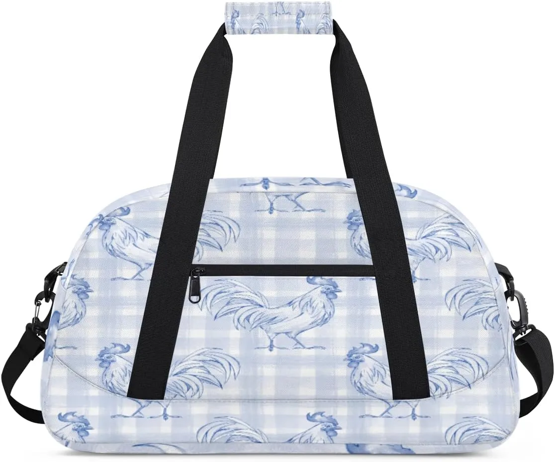 Cartoon Rooster Gym Duffel Bag for Men Women Checkered Pattern Sports Tote Bag with Adjustable Shoulder Strap for Dance Gymnastics Traveling Outdoor Camping Overnight Stay