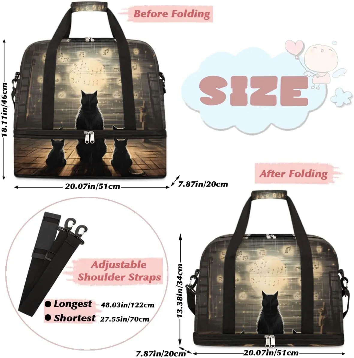 Cat Themed Foldable Travel Duffel Bag Overnight Weekender Bag with Shoes Compartment Sports Gym Bag for Men Women