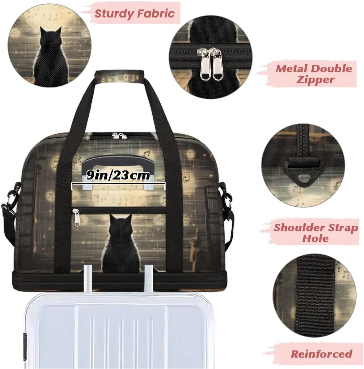 Cat Themed Foldable Travel Duffel Bag Overnight Weekender Bag with Shoes Compartment Sports Gym Bag for Men Women