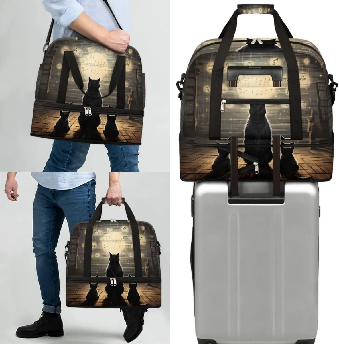 Cat Themed Foldable Travel Duffel Bag Overnight Weekender Bag with Shoes Compartment Sports Gym Bag for Men Women