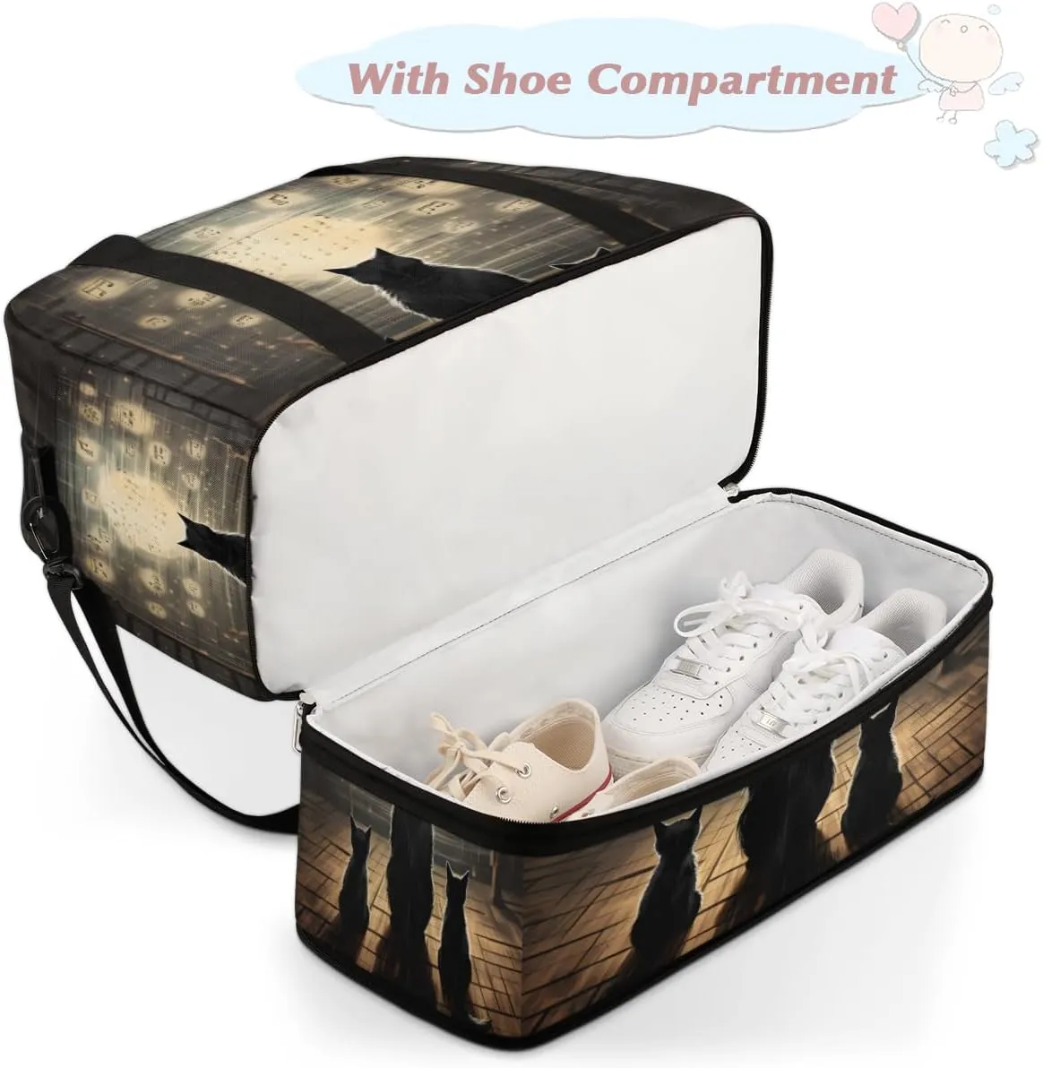 Cat Themed Foldable Travel Duffel Bag Overnight Weekender Bag with Shoes Compartment Sports Gym Bag for Men Women