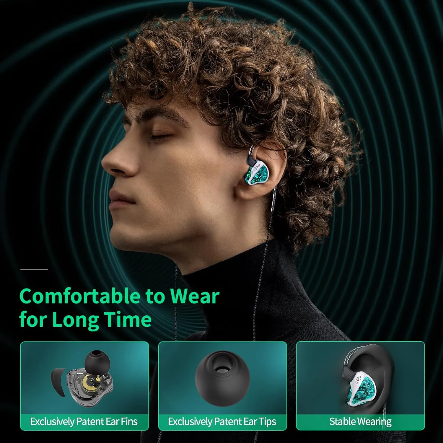 CCZ BC01 Pro in ear Monitors, 1BA 1DD Hybrid Driver iems for Gaming Singers, Professional HiFi Stereo iem Earphones with Noise Canceling, Patented Eartips Earfins, Detachable 2pin Cable (Black no mic)