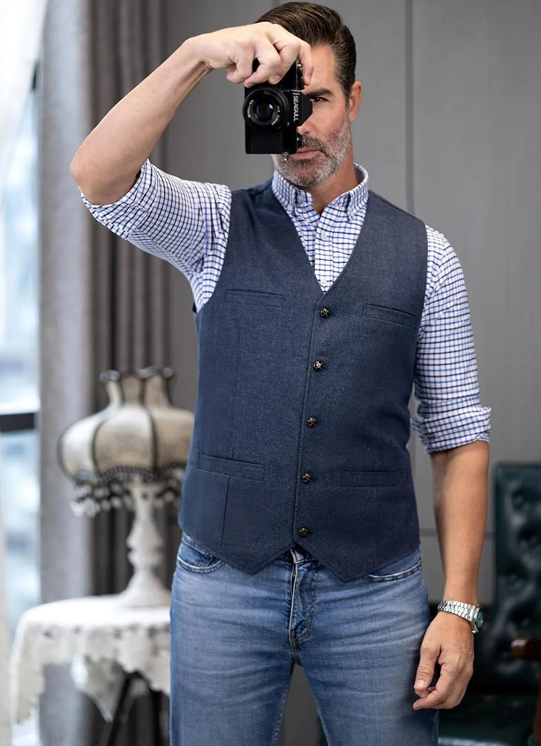 Ceehuteey Mens Suit Vest Waistcoat Tweed Retro V Neck Wool Herringbone for Prom