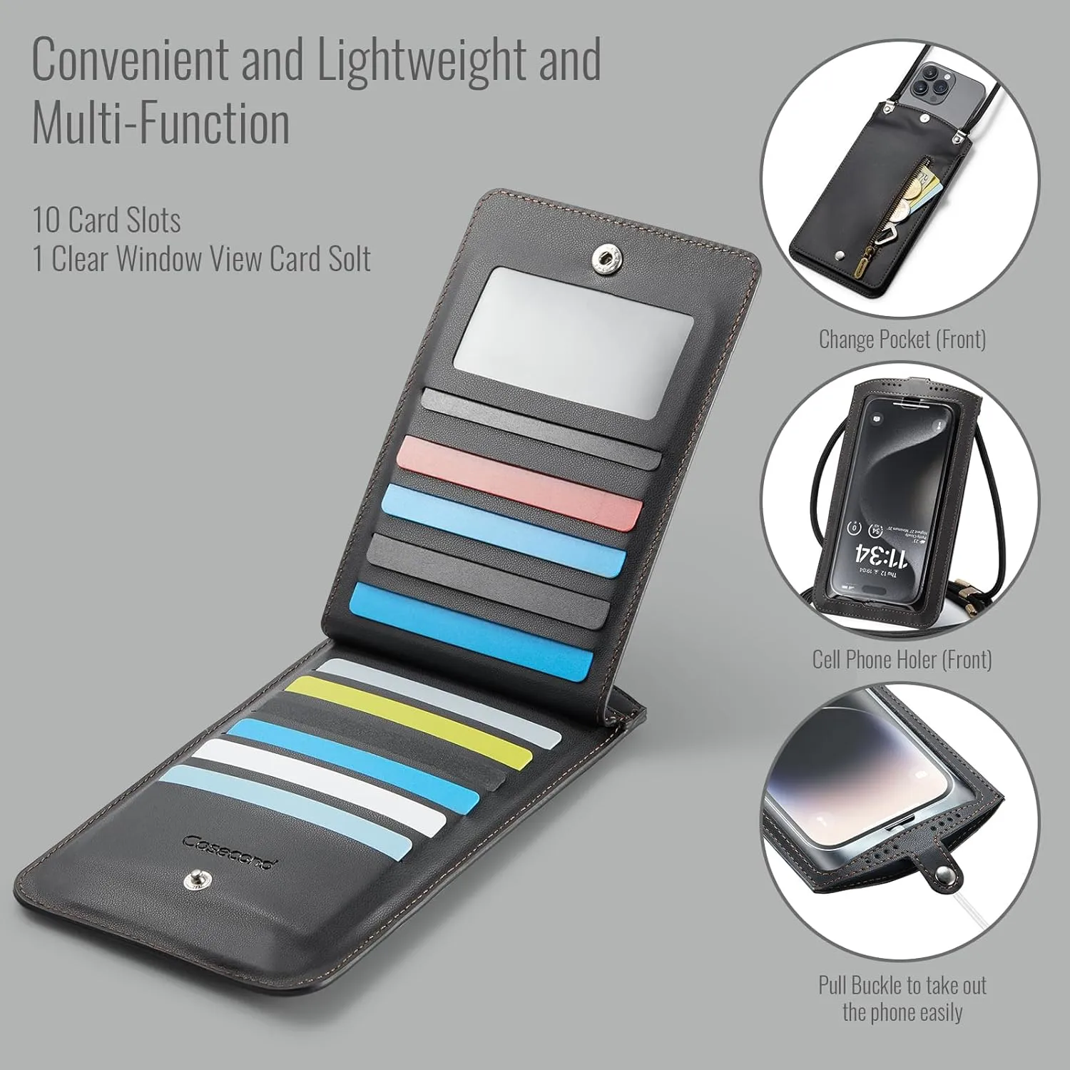 Cell Phone Purse Small Crossbody Bag for Women Men Leather Mini Shoulder Bag Wallet Case with Card Slots Neck Strap with Touch Screen Zipper Pocket for All Smartphones iPhone Samsung up to 7.5" Black