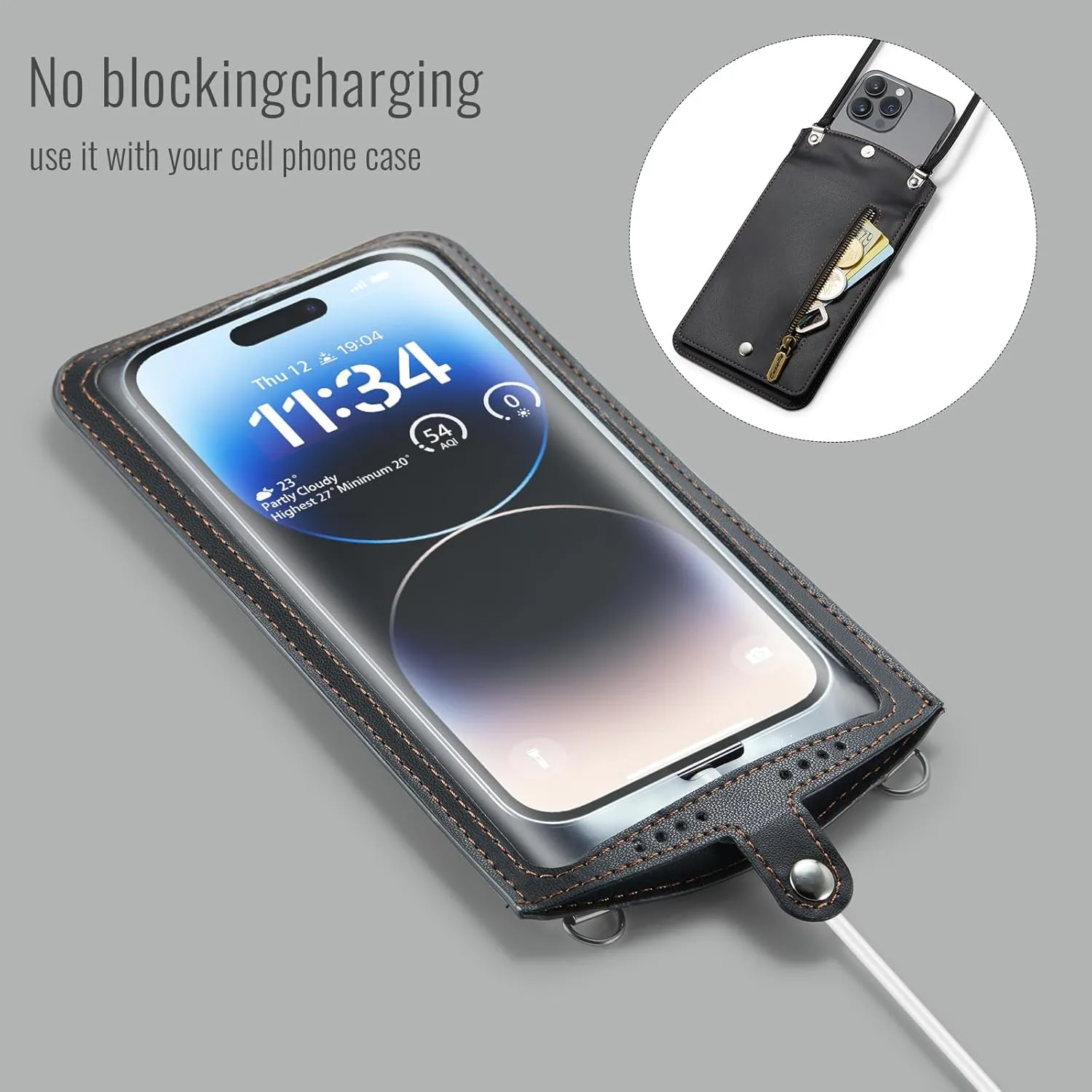 Cell Phone Purse Small Crossbody Bag for Women Men Leather Mini Shoulder Bag Wallet Case with Card Slots Neck Strap with Touch Screen Zipper Pocket for All Smartphones iPhone Samsung up to 7.5" Black