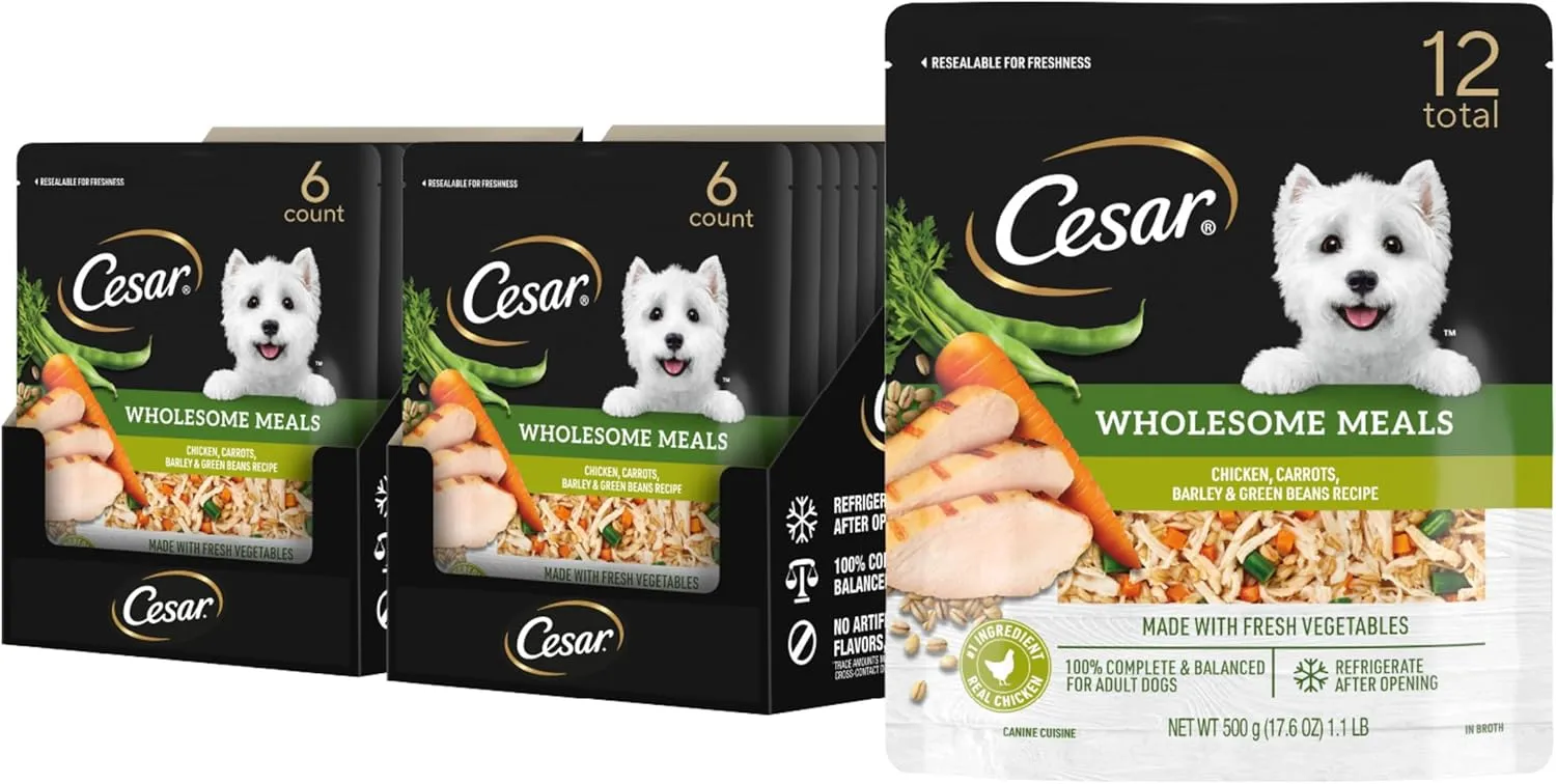 Cesar Wholesome Meals Chicken, Carrots, Barley & Green Beans Wet Dog Food, 17.6 oz. Pouch (6 Count, Pack of 2)