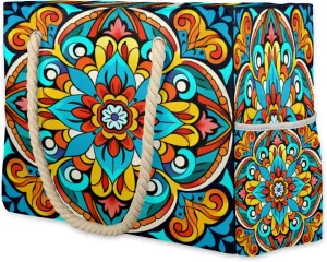 cfpolar Mandala Maya Traditional Pattern Large Beach Bag, Waterproof Sandproof Beach Tote Bag with Zipper, Pool Bag for Women, Shoulder Bag for Gym Beach Travel Family Vacation Essentials