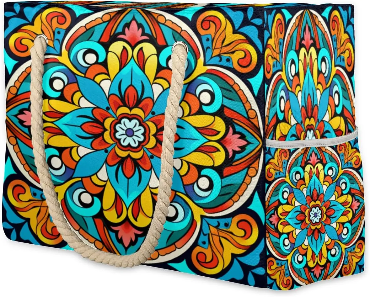 cfpolar Mandala Maya Traditional Pattern Large Beach Bag, Waterproof Sandproof Beach Tote Bag with Zipper, Pool Bag for Women, Shoulder Bag for Gym Beach Travel Family Vacation Essentials