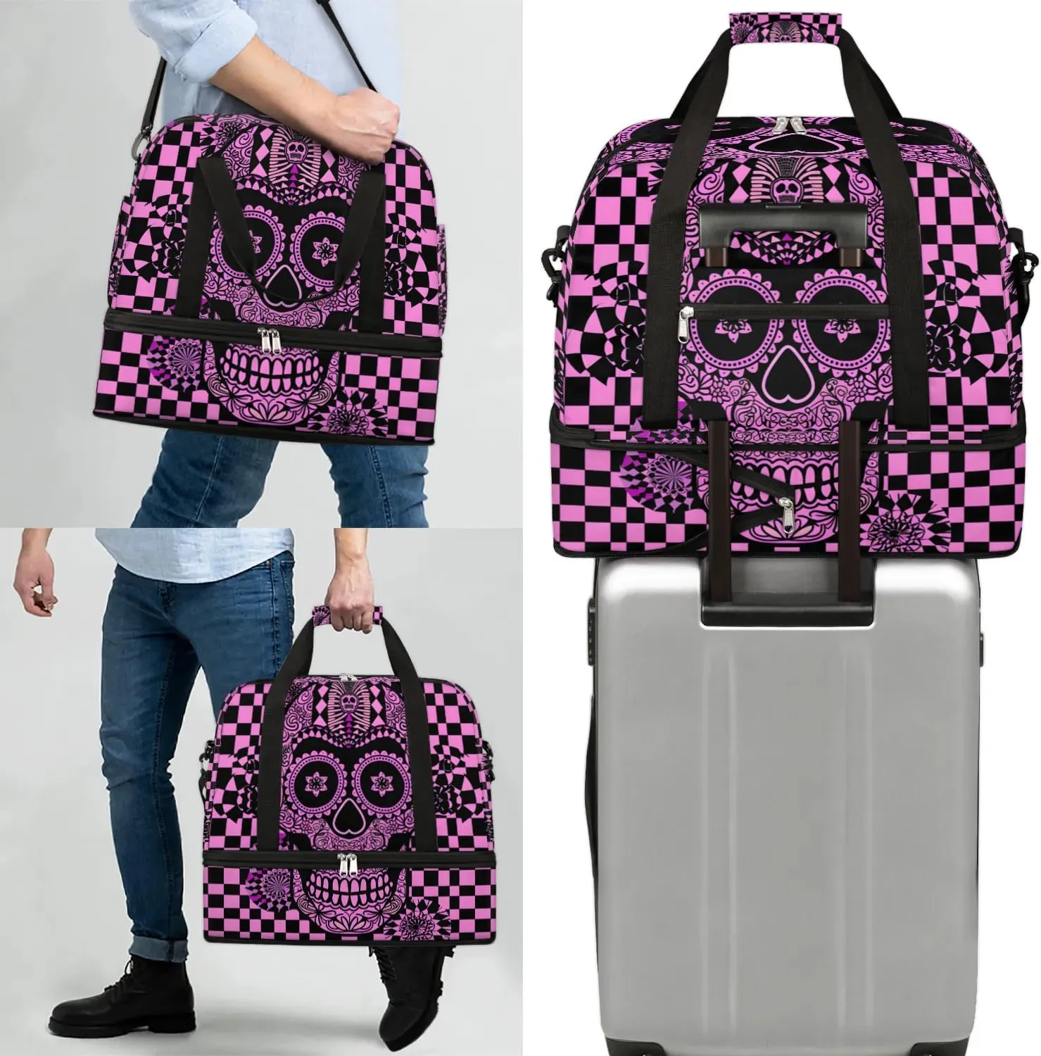 cfpolar Woman Travel Duffel Bag Abstract Plaid Skull Foldable Tote Carry On Luggage Sports Gym Bag With Shoe Compartment Overnight Weekend Yoga Workout Bag Training Handbag