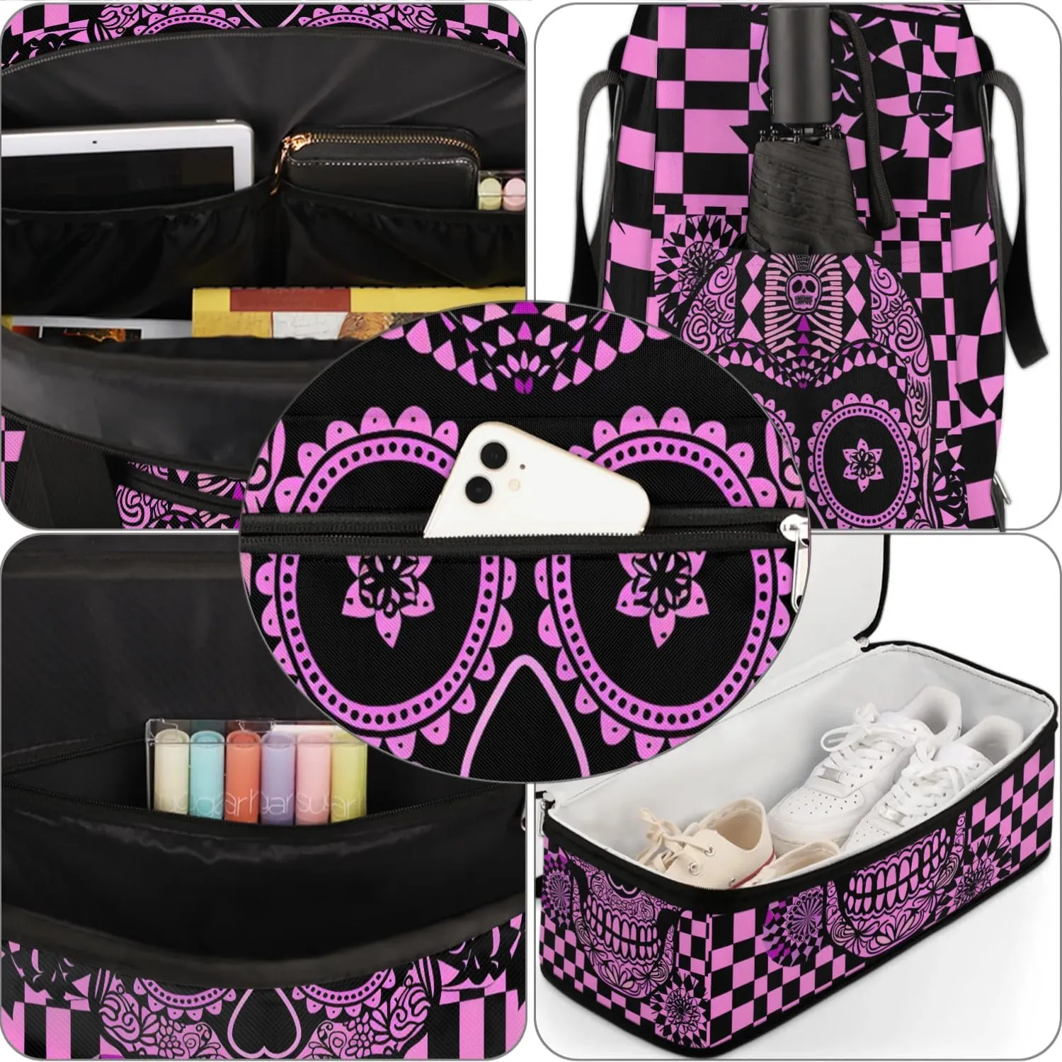 cfpolar Woman Travel Duffel Bag Abstract Plaid Skull Foldable Tote Carry On Luggage Sports Gym Bag With Shoe Compartment Overnight Weekend Yoga Workout Bag Training Handbag