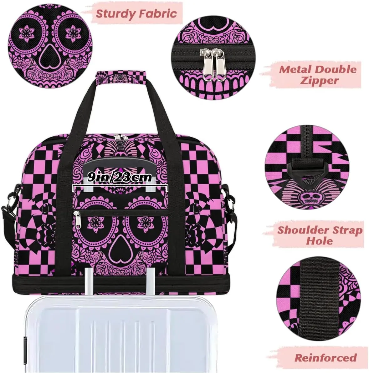 cfpolar Woman Travel Duffel Bag Abstract Plaid Skull Foldable Tote Carry On Luggage Sports Gym Bag With Shoe Compartment Overnight Weekend Yoga Workout Bag Training Handbag