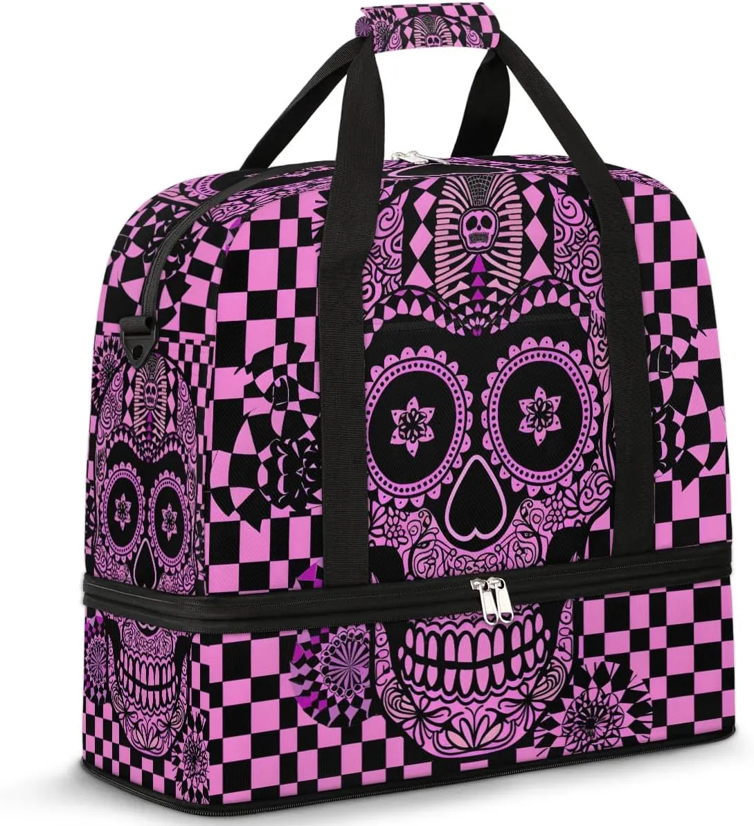 cfpolar Woman Travel Duffel Bag Abstract Plaid Skull Foldable Tote Carry On Luggage Sports Gym Bag With Shoe Compartment Overnight Weekend Yoga Workout Bag Training Handbag