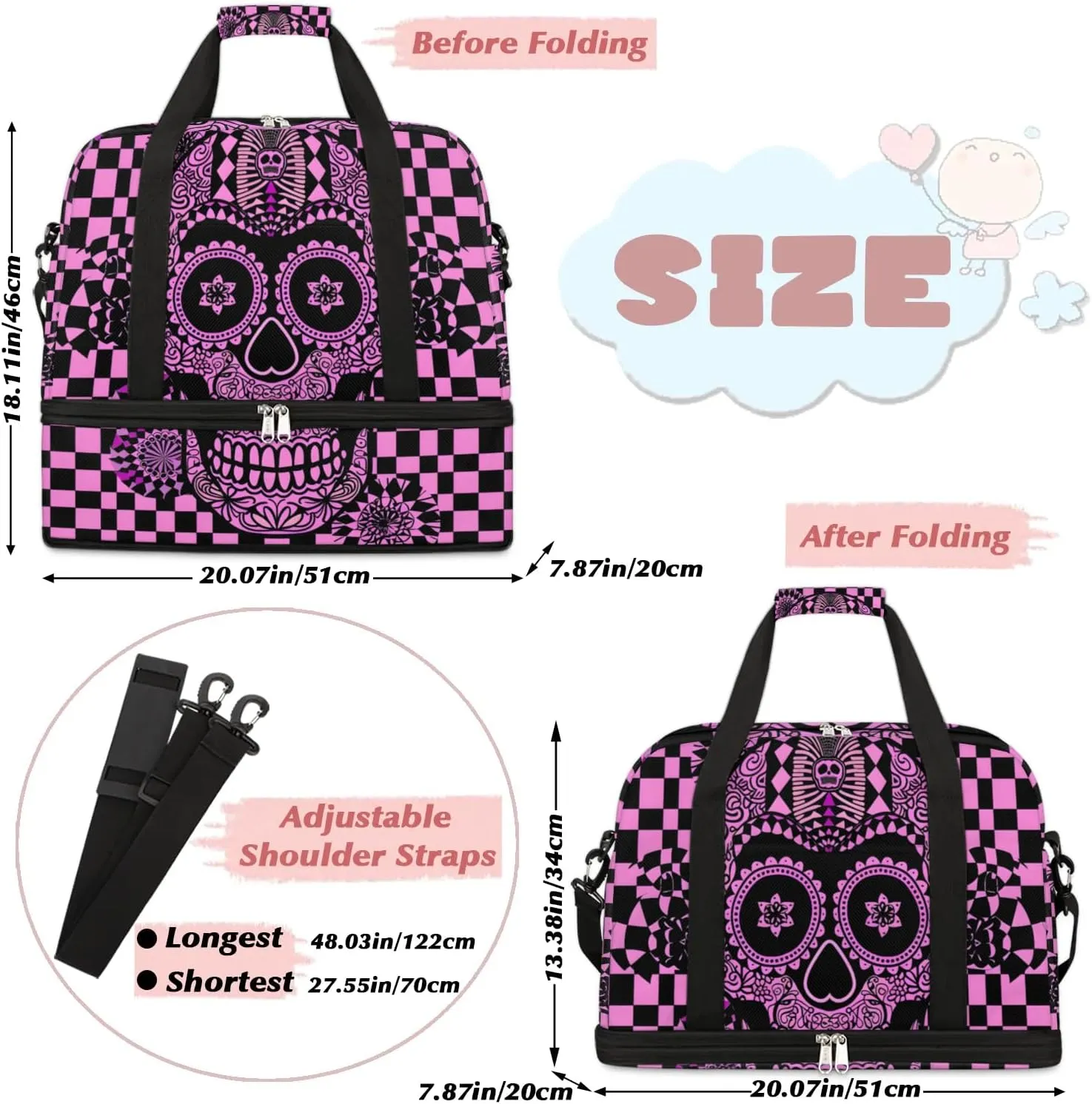 cfpolar Woman Travel Duffel Bag Abstract Plaid Skull Foldable Tote Carry On Luggage Sports Gym Bag With Shoe Compartment Overnight Weekend Yoga Workout Bag Training Handbag
