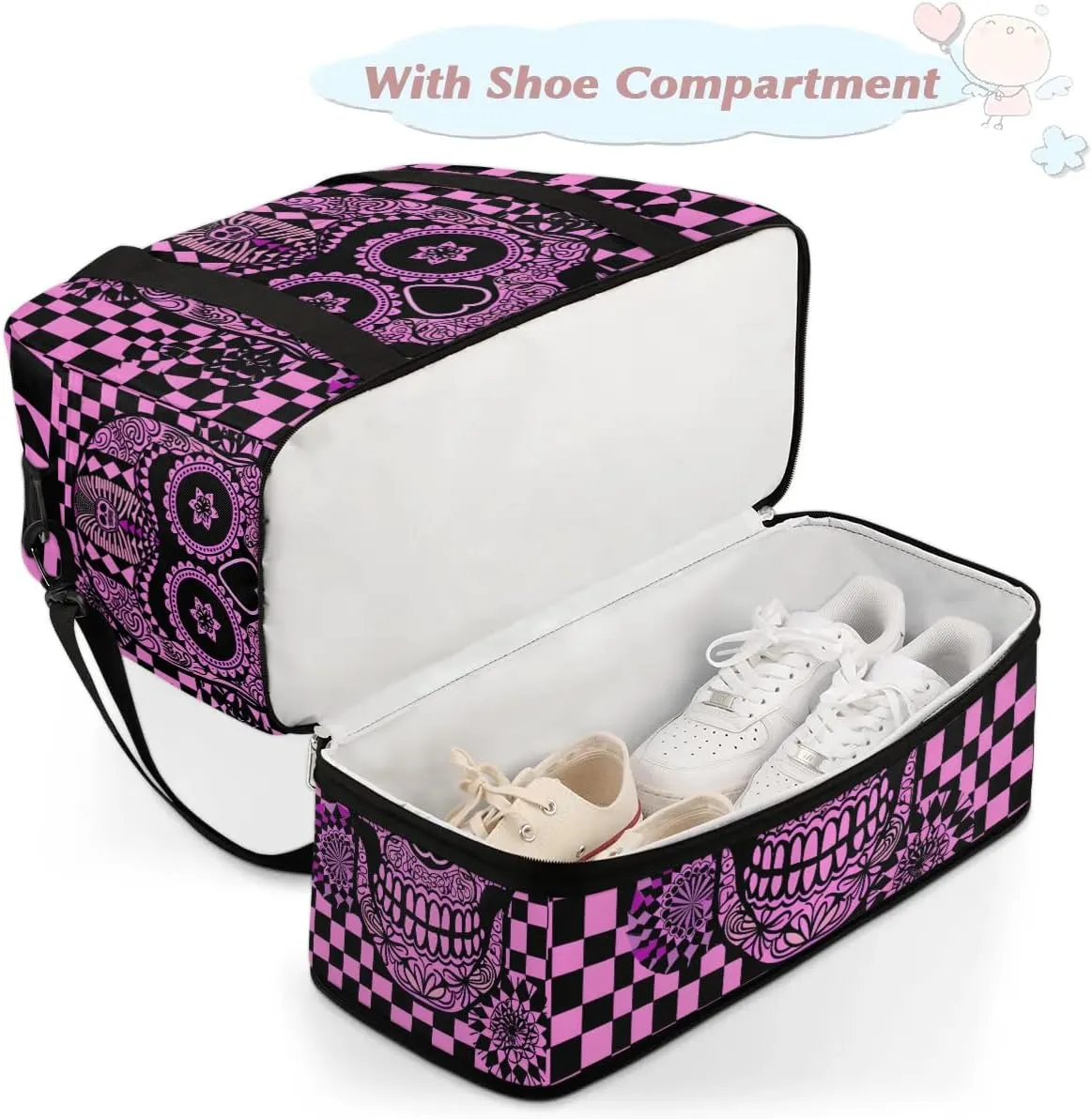 cfpolar Woman Travel Duffel Bag Abstract Plaid Skull Foldable Tote Carry On Luggage Sports Gym Bag With Shoe Compartment Overnight Weekend Yoga Workout Bag Training Handbag