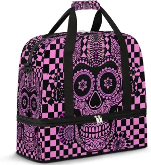 cfpolar Woman Travel Duffel Bag Abstract Plaid Skull Foldable Tote Carry On Luggage Sports Gym Bag With Shoe Compartment Overnight Weekend Yoga Workout Bag Training Handbag
