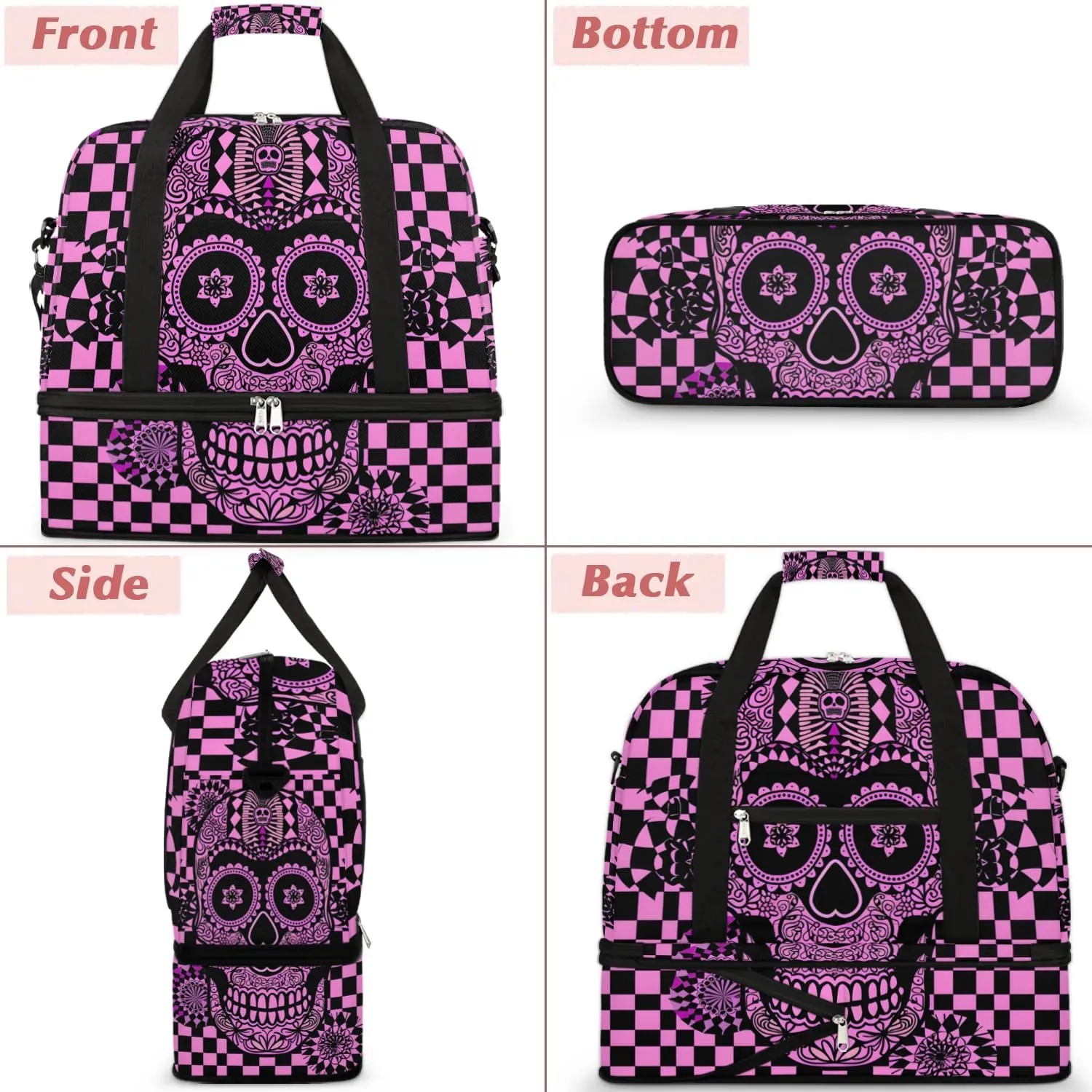 cfpolar Woman Travel Duffel Bag Abstract Plaid Skull Foldable Tote Carry On Luggage Sports Gym Bag With Shoe Compartment Overnight Weekend Yoga Workout Bag Training Handbag