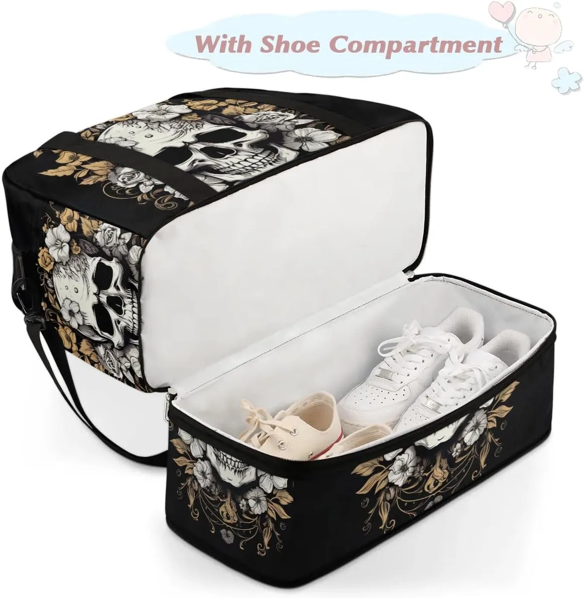cfpolar Woman Travel Duffel Bag Vintage Flower Skull Foldable Tote Carry On Luggage Sports Gym Bag With Shoe Compartment Overnight Weekend Yoga Workout Bag Training Handbag