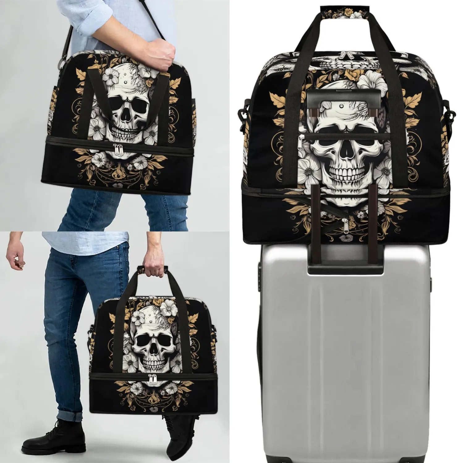 cfpolar Woman Travel Duffel Bag Vintage Flower Skull Foldable Tote Carry On Luggage Sports Gym Bag With Shoe Compartment Overnight Weekend Yoga Workout Bag Training Handbag