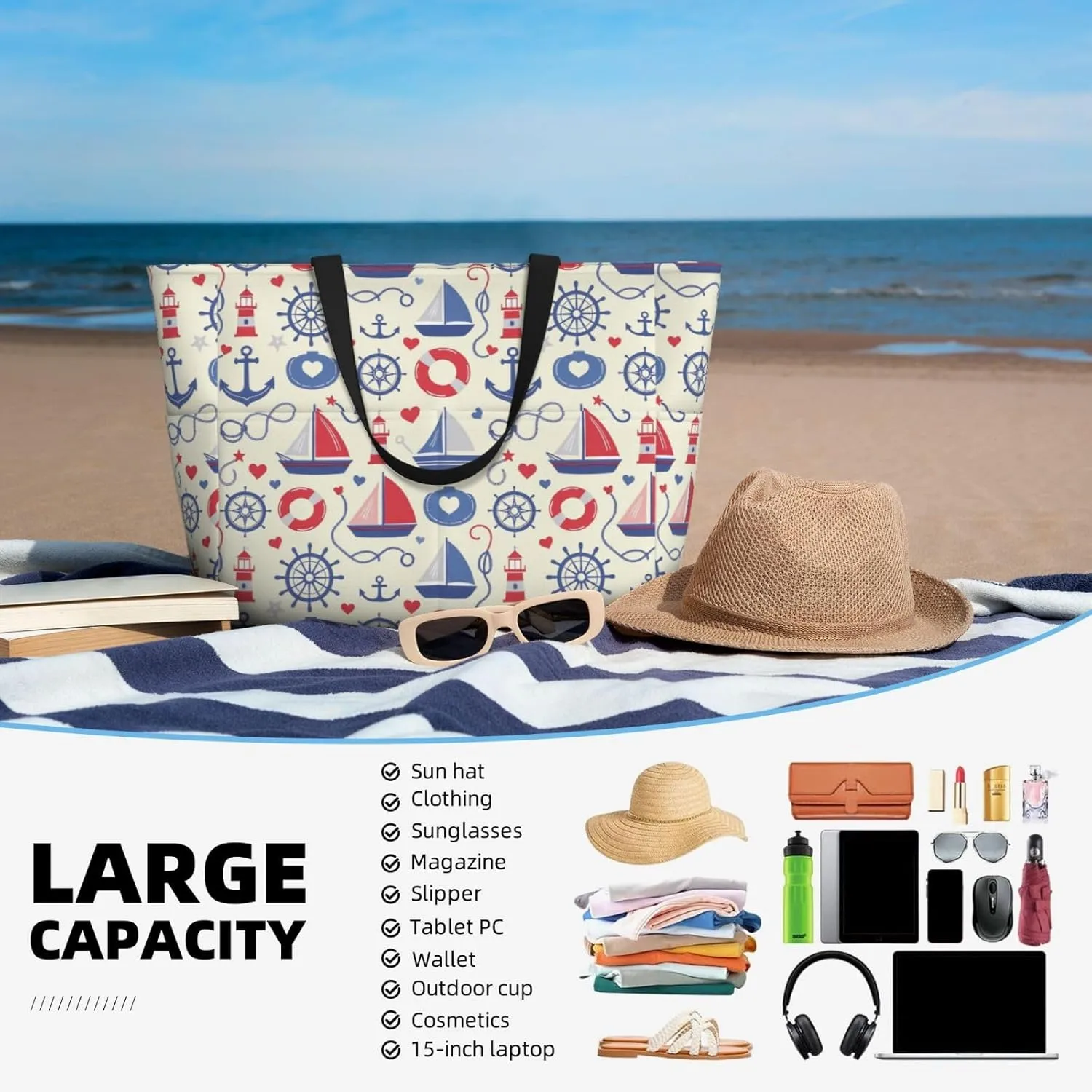 CHAOS MONKEY Women Large Beach Bag Sandproof Waterproof Travel Weekender Foldable Tote Bag for Pool Vacation Gym