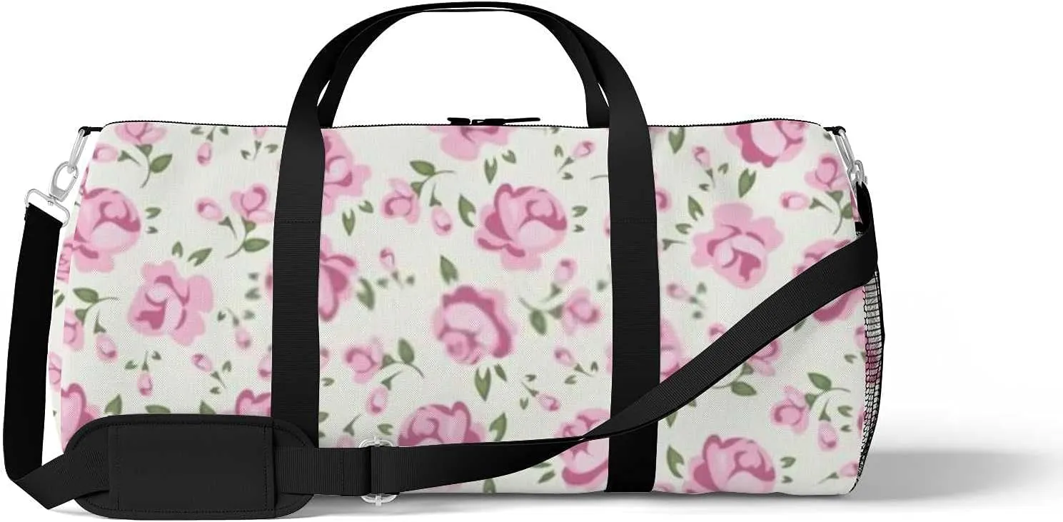 Chic Pink Roses Sports Duffel Bag Travel Gym Tote Bags Lightweight Durable Shoulder Strap Waterproof Polyester Outside Mesh Pocket Overnight Trip Duffel Bag for Women Men