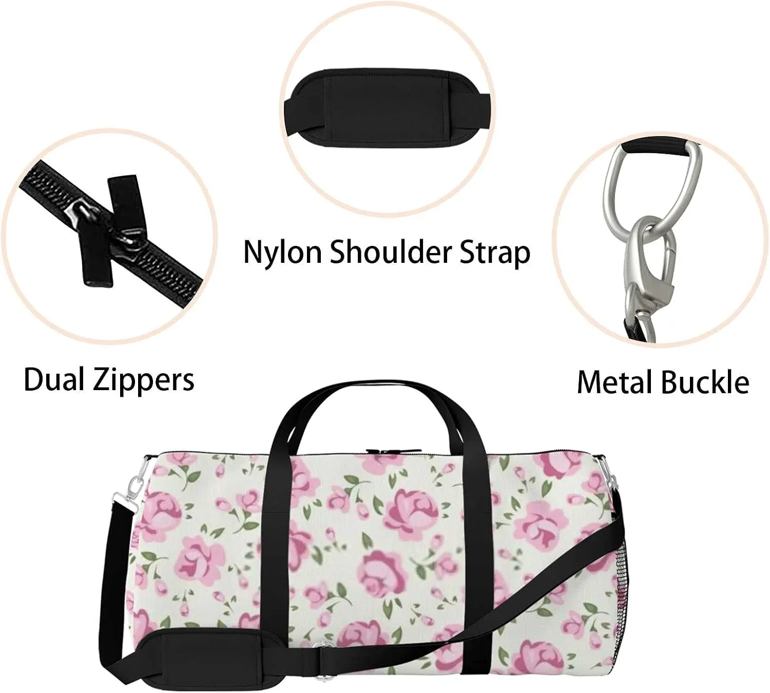Chic Pink Roses Sports Duffel Bag Travel Gym Tote Bags Lightweight Durable Shoulder Strap Waterproof Polyester Outside Mesh Pocket Overnight Trip Duffel Bag for Women Men
