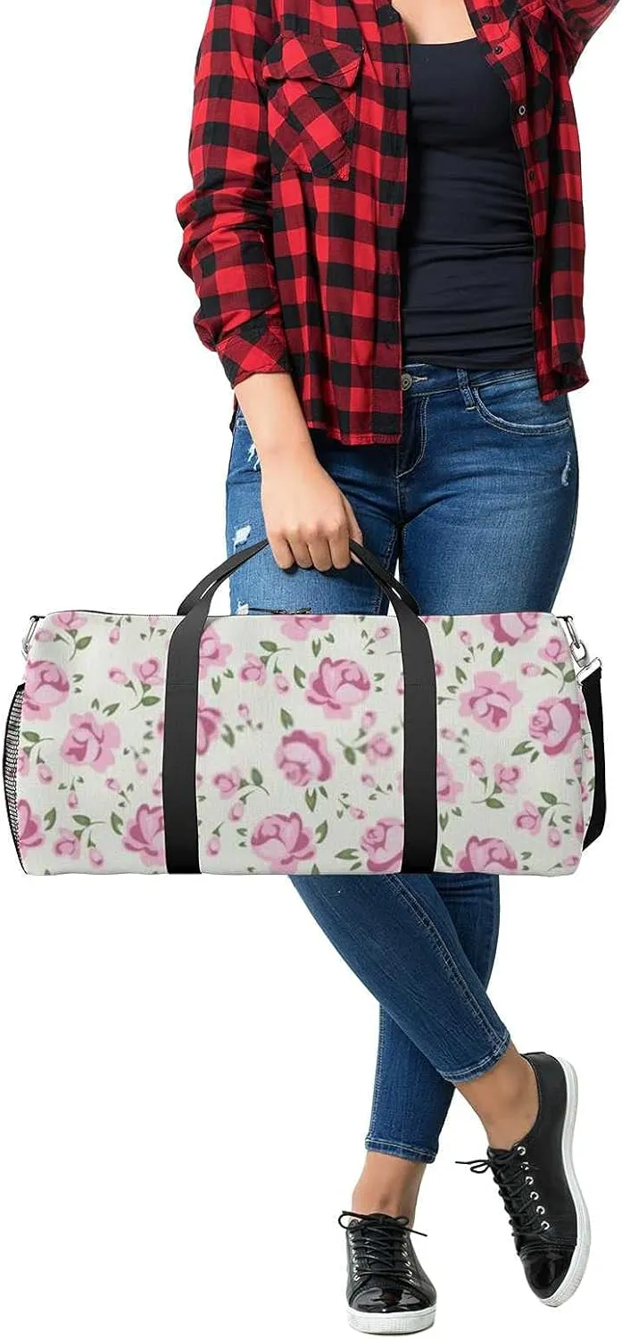 Chic Pink Roses Sports Duffel Bag Travel Gym Tote Bags Lightweight Durable Shoulder Strap Waterproof Polyester Outside Mesh Pocket Overnight Trip Duffel Bag for Women Men