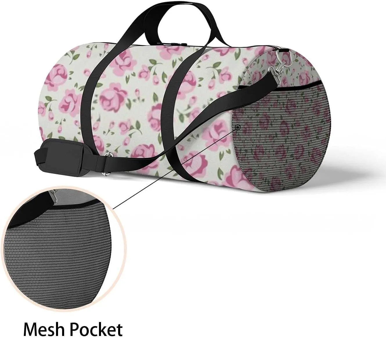 Chic Pink Roses Sports Duffel Bag Travel Gym Tote Bags Lightweight Durable Shoulder Strap Waterproof Polyester Outside Mesh Pocket Overnight Trip Duffel Bag for Women Men