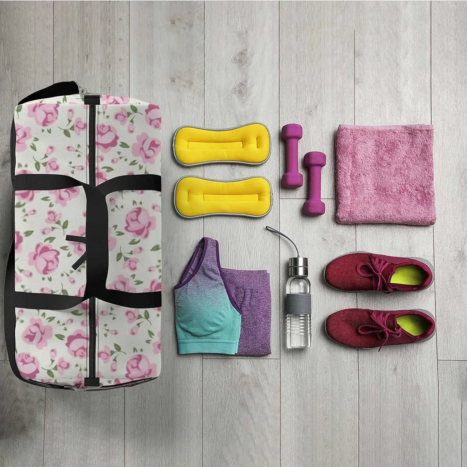 Chic Pink Roses Sports Duffel Bag Travel Gym Tote Bags Lightweight Durable Shoulder Strap Waterproof Polyester Outside Mesh Pocket Overnight Trip Duffel Bag for Women Men