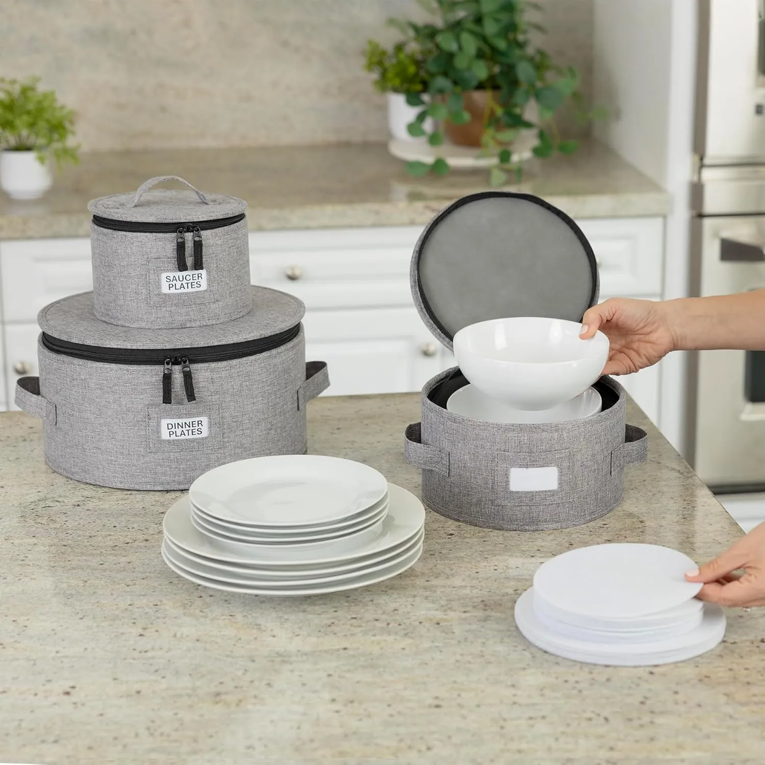 China Storage Container for Saucer, Bowls, and Appetizer Plates - Fit dishes up to 6.5" W - Includes 12 Felt Dividers - Stackable with Hard Shell on all sides and Interior Quilted Padding