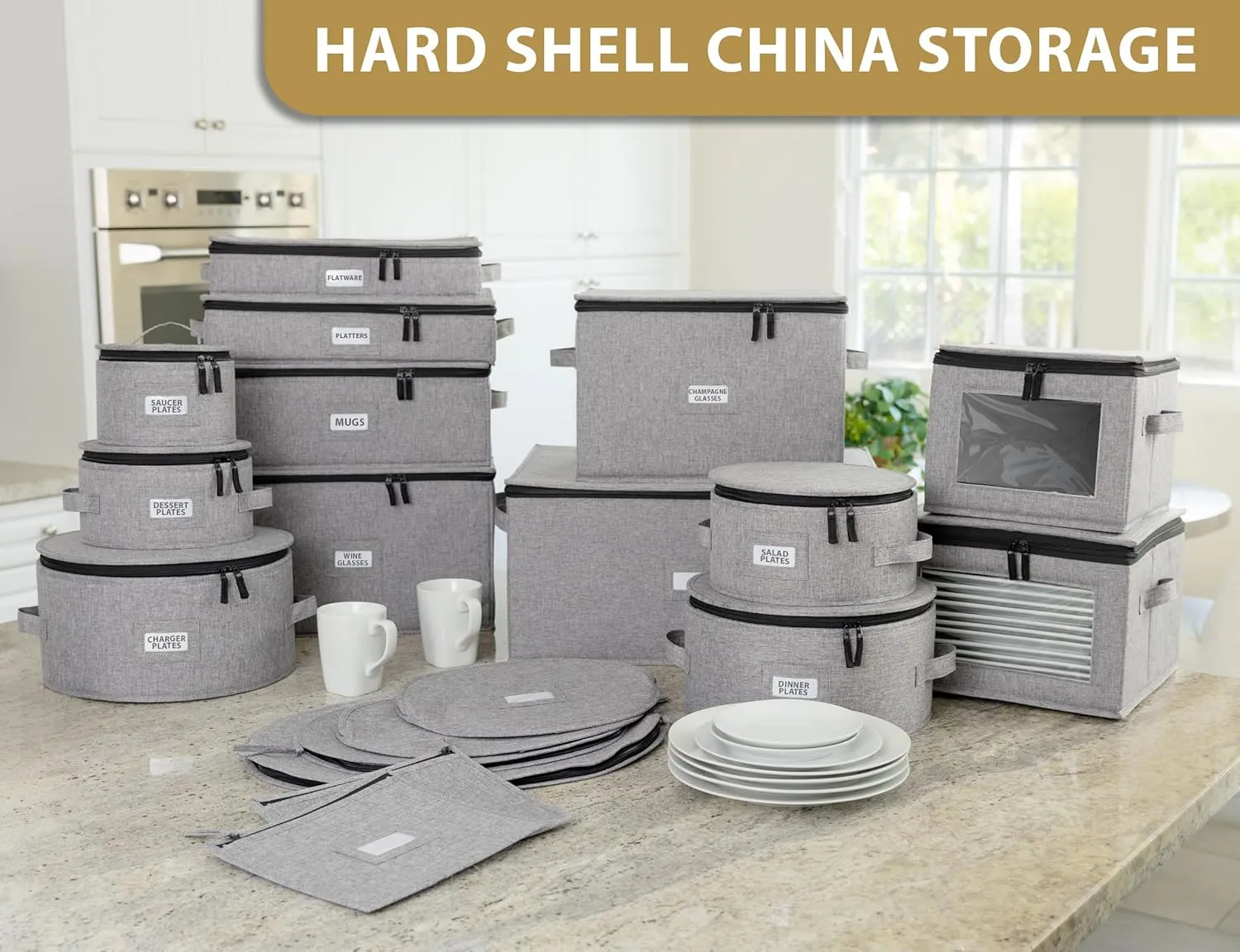 China Storage Container for Saucer, Bowls, and Appetizer Plates - Fit dishes up to 6.5" W - Includes 12 Felt Dividers - Stackable with Hard Shell on all sides and Interior Quilted Padding
