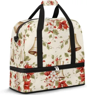 Christmas Bell Flower Travel Duffel Bag with Foldable Shoe Compartment Shoulder Tote Travel Weekend Bag Sports Gym Overnight Bags