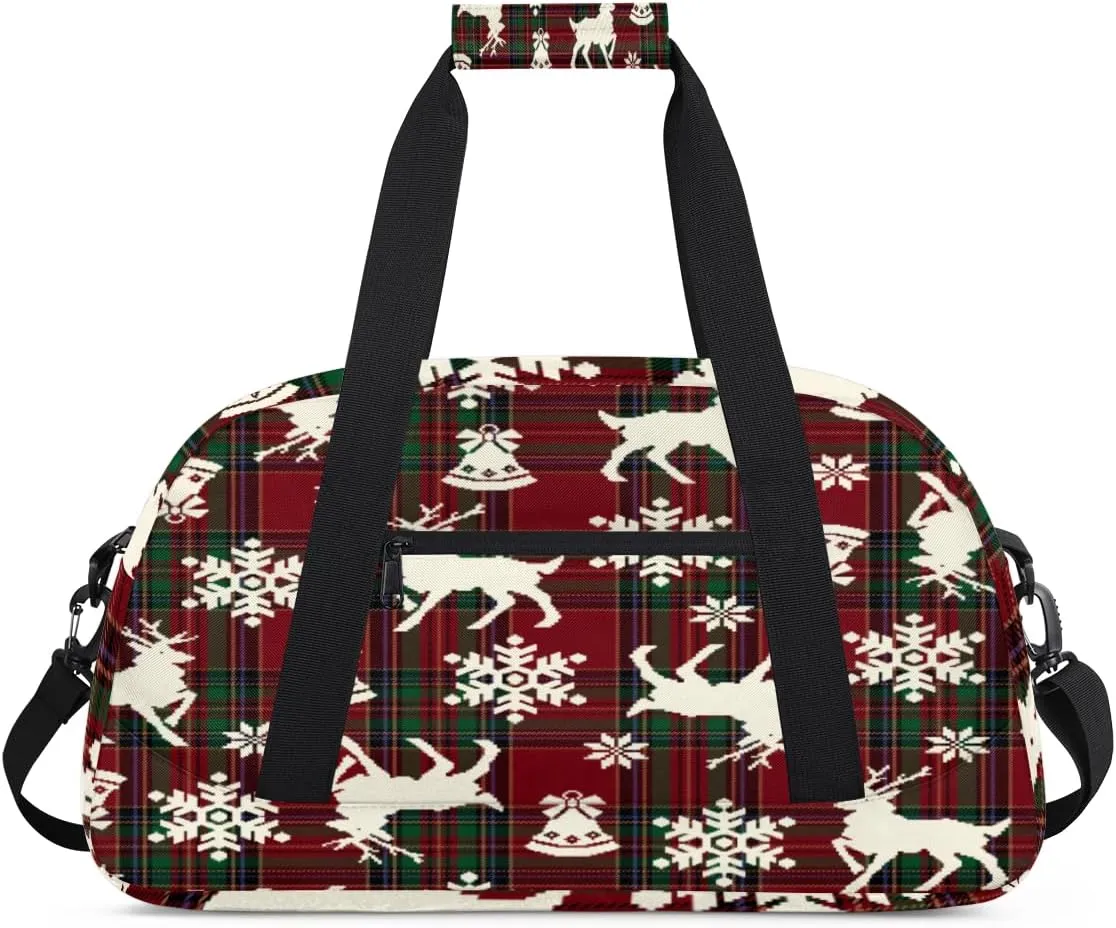 Christmas Elk Gym Duffel Bag for Men Women Red Plaid Sports Tote Bag with Adjustable Shoulder Strap for Dance Gymnastics Traveling Outdoor Camping Overnight Stay