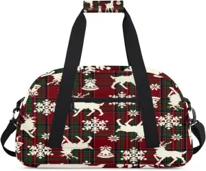 Christmas Elk Gym Duffel Bag for Men Women Red Plaid Sports Tote Bag with Adjustable Shoulder Strap for Dance Gymnastics Traveling Outdoor Camping Overnight Stay