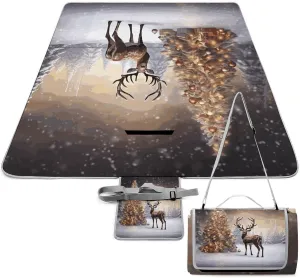 Christmas Tree and Reindeer Picnic Blanket Outdoor, Oversized Beach Blanket, Foldable Lightweight Waterproof Sand Cushion Suitable for Beaches, Camping Grasslands Mat