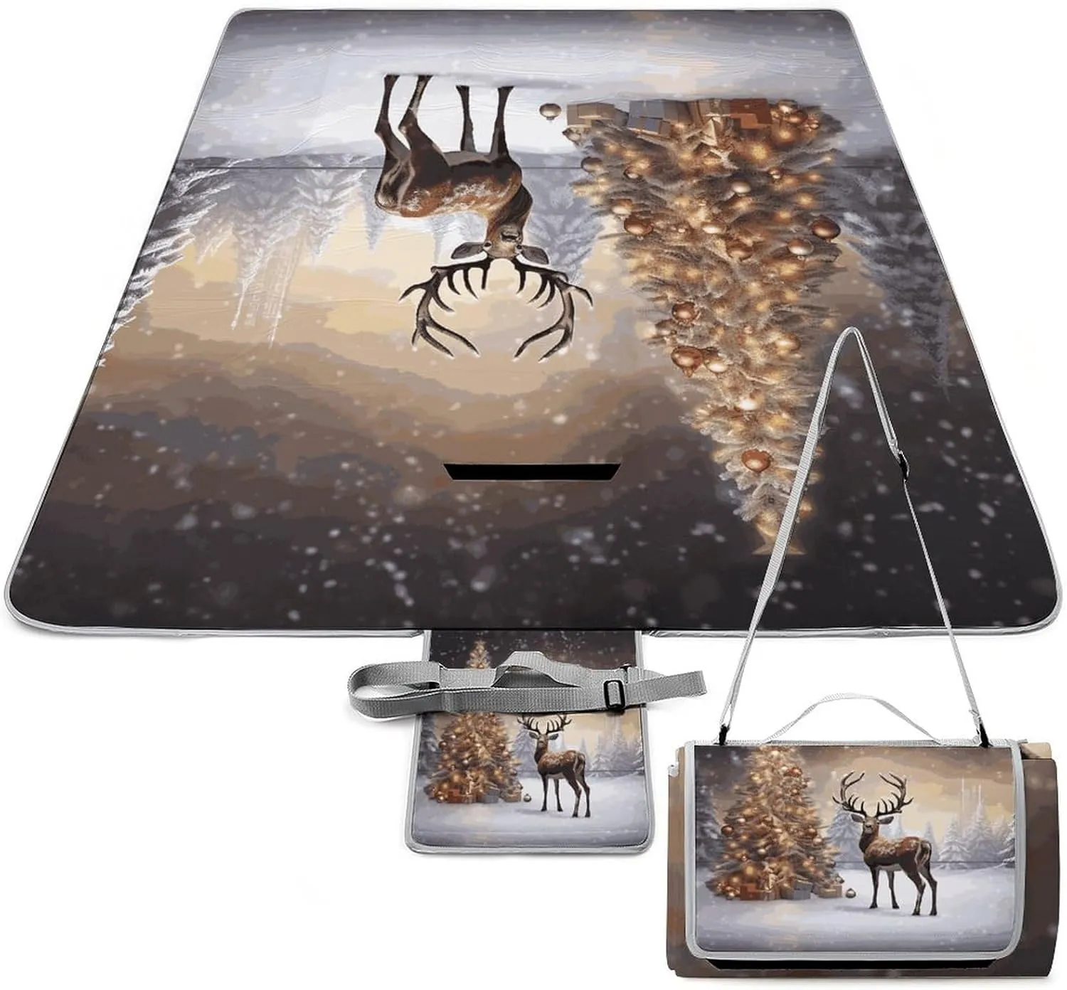 Christmas Tree and Reindeer Picnic Blanket Outdoor, Oversized Beach Blanket, Foldable Lightweight Waterproof Sand Cushion Suitable for Beaches, Camping Grasslands Mat
