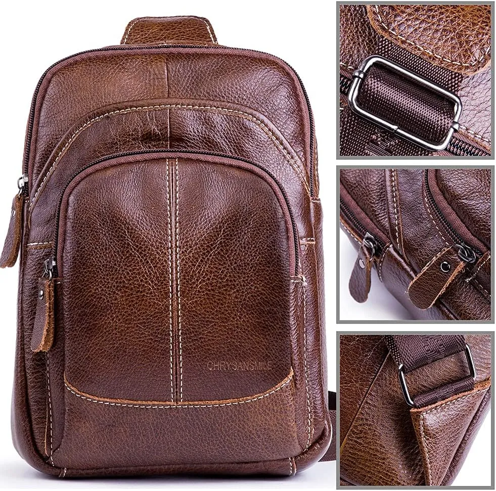 Chrysansmile Sling Bag for Men Black Crossbody Bags for Women Genuine Leather Cross Body Bag Mini Backpack for Travel Outdoor