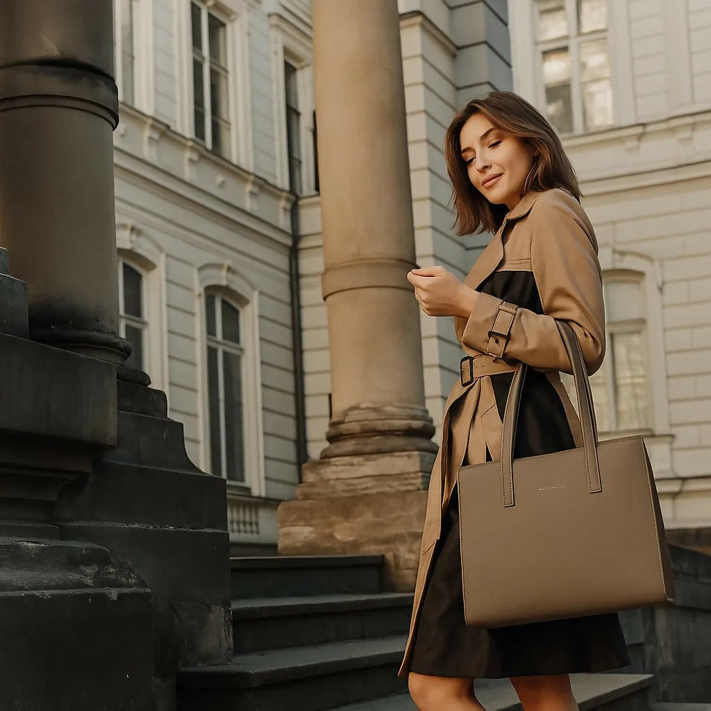 Classic Taupe Structured Tote Bag – Multi-Compartment Office Handbag