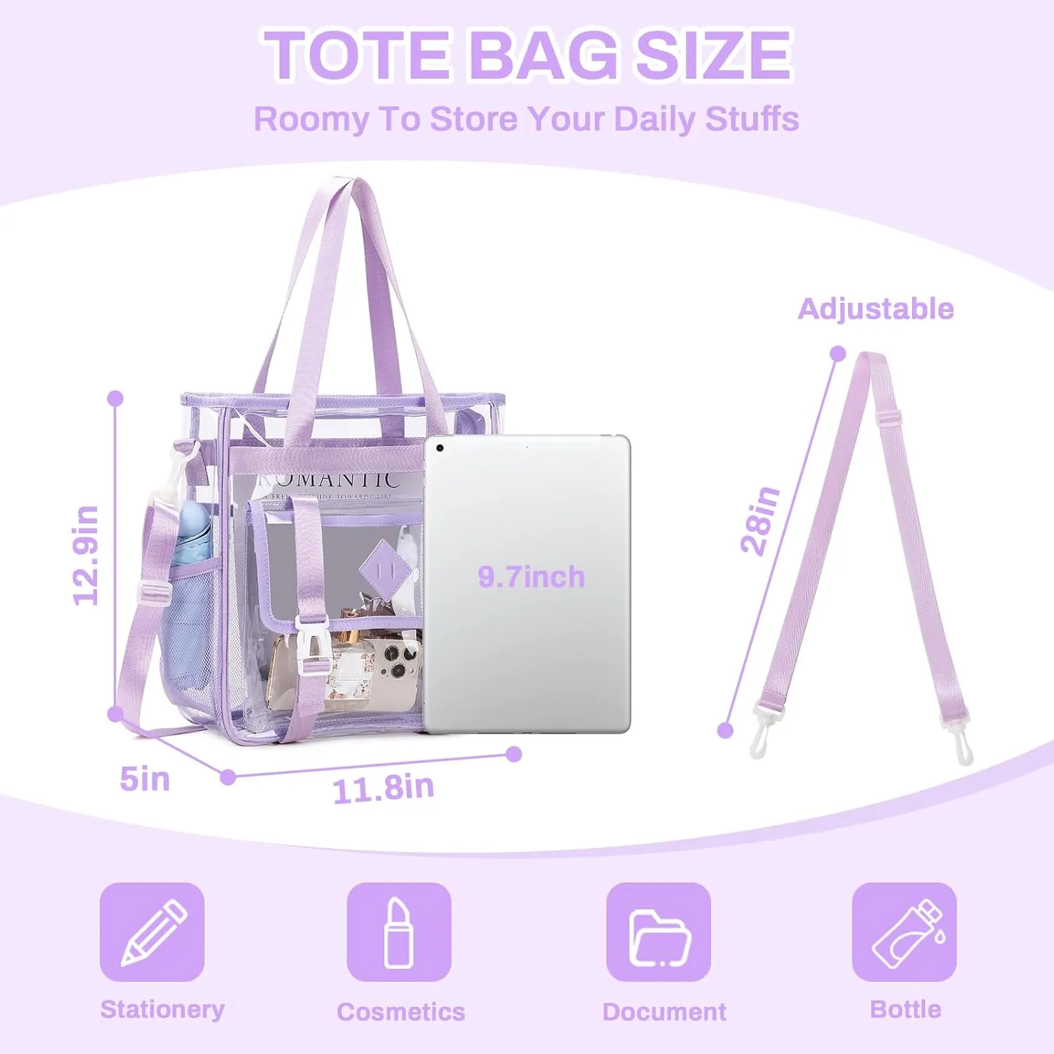 Clear Tote Bag Stadium Approved 12x6x12, Thickened Heavy Duty PVC Transparent Tote Bag Water Resistant