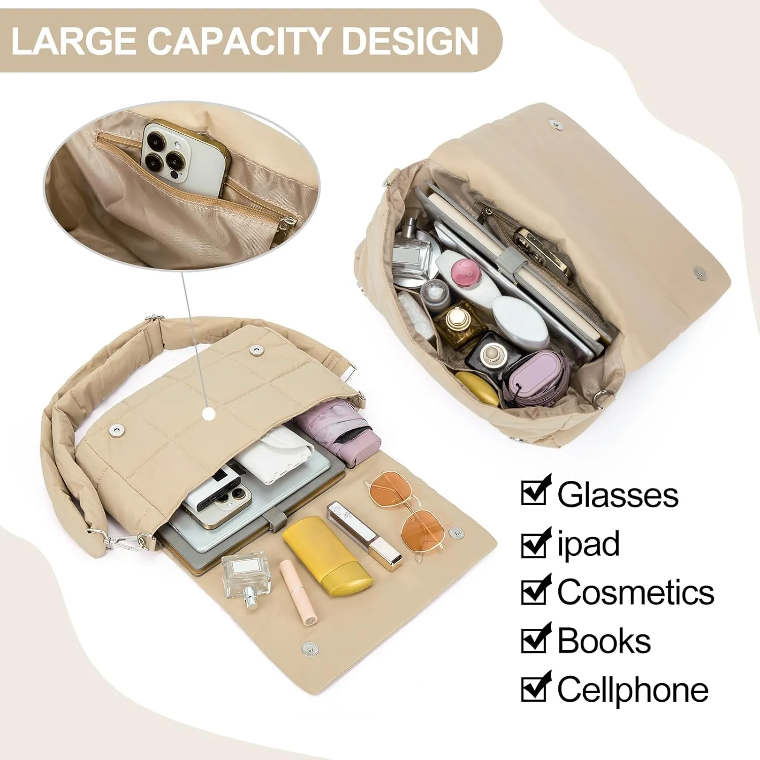 CLUCI Puffer Shoulder Bag Puffy Crossbody Purse for Women Middle Tote Bag Lightweight Cotton Padded Hobo Handbag