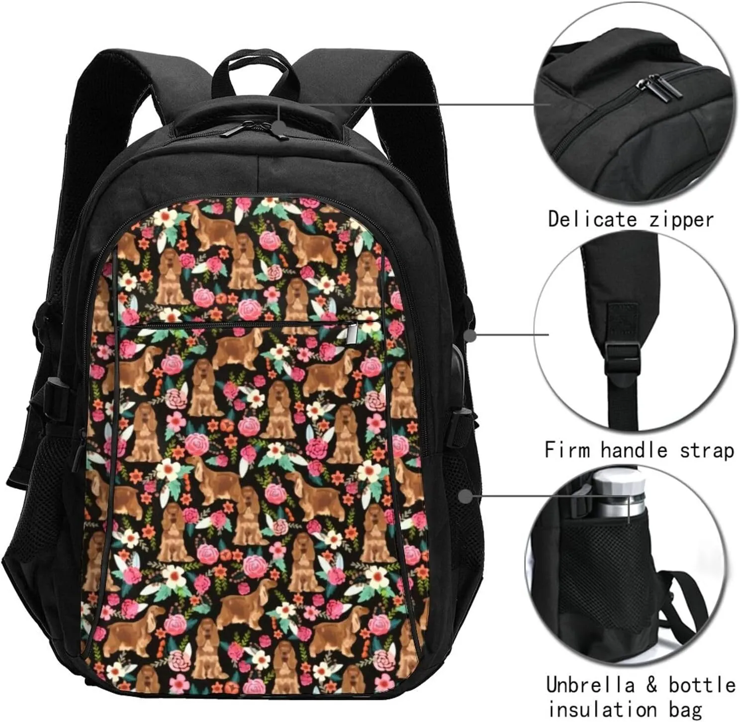 Cocker Spaniel Florals Dog Floral Flowers Dog Backpack, 18 Inch Travel Business Laptop Backpack With Usb Port For Women Men