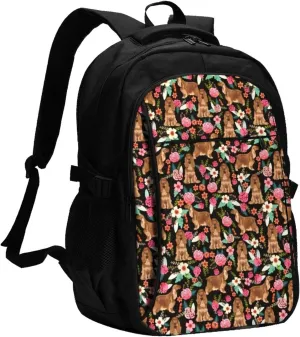 Cocker Spaniel Florals Dog Floral Flowers Dog Backpack, 18 Inch Travel Business Laptop Backpack With Usb Port For Women Men