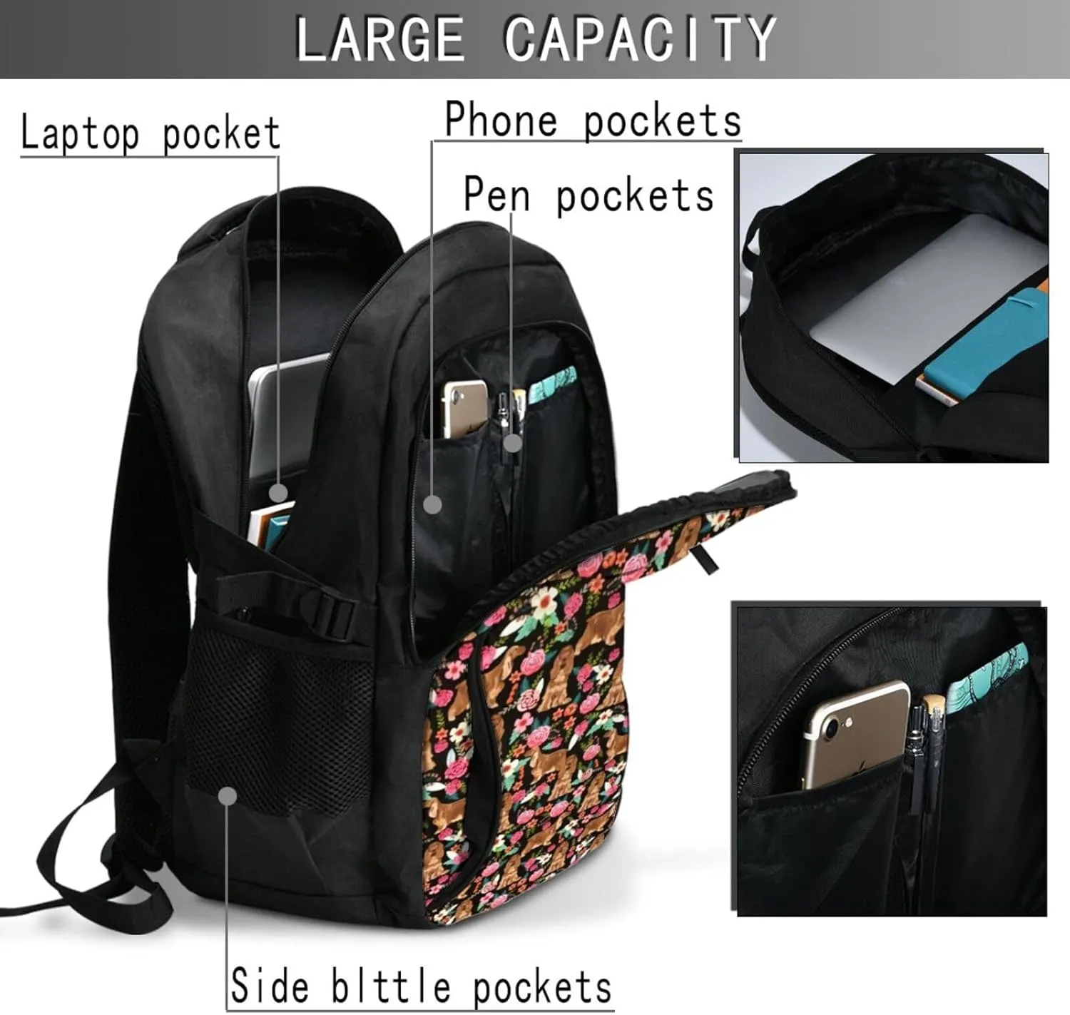 Cocker Spaniel Florals Dog Floral Flowers Dog Backpack, 18 Inch Travel Business Laptop Backpack With Usb Port For Women Men
