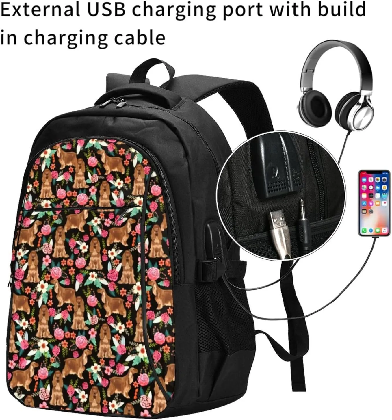 Cocker Spaniel Florals Dog Floral Flowers Dog Backpack, 18 Inch Travel Business Laptop Backpack With Usb Port For Women Men