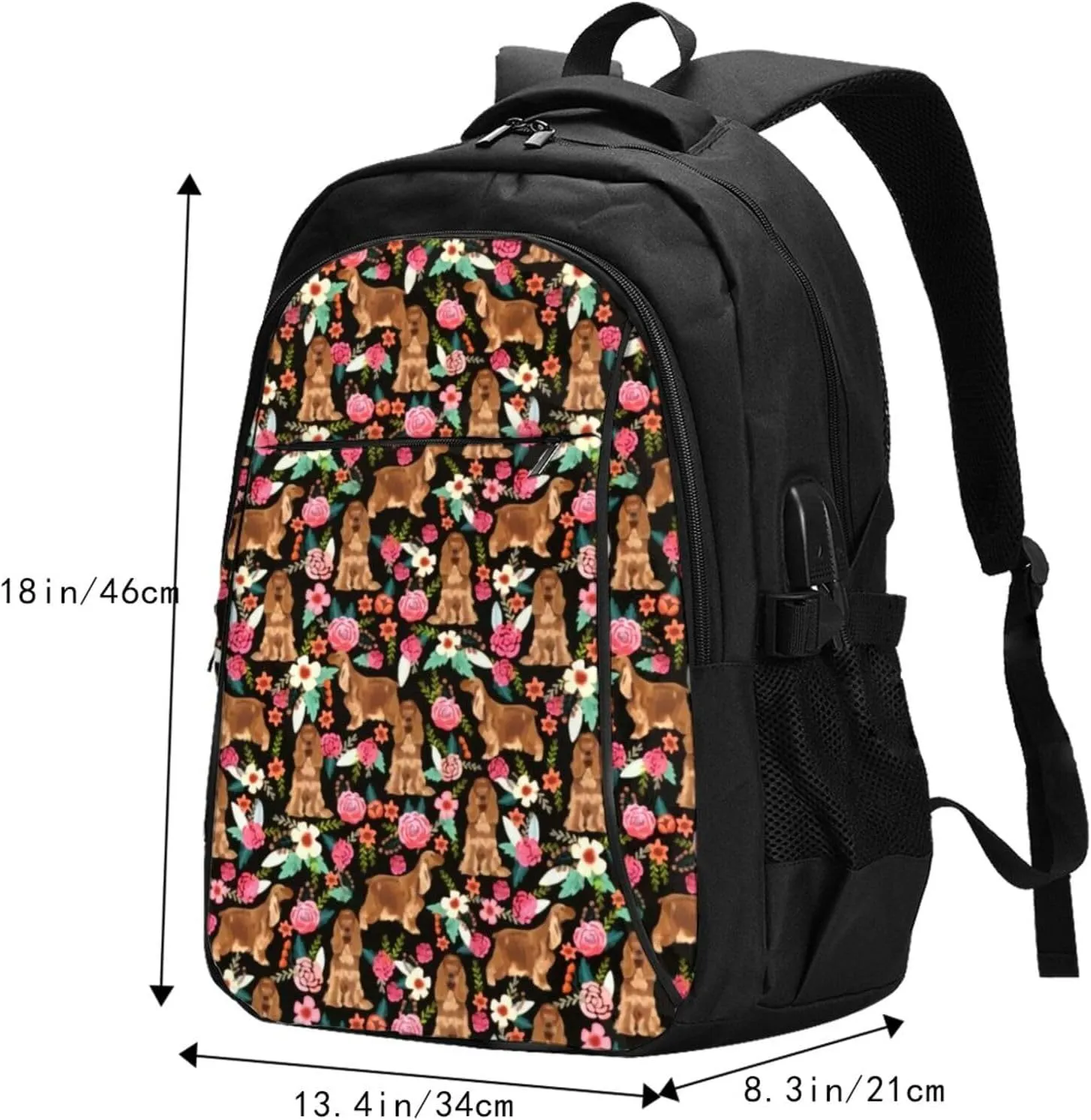 Cocker Spaniel Florals Dog Floral Flowers Dog Backpack, 18 Inch Travel Business Laptop Backpack With Usb Port For Women Men