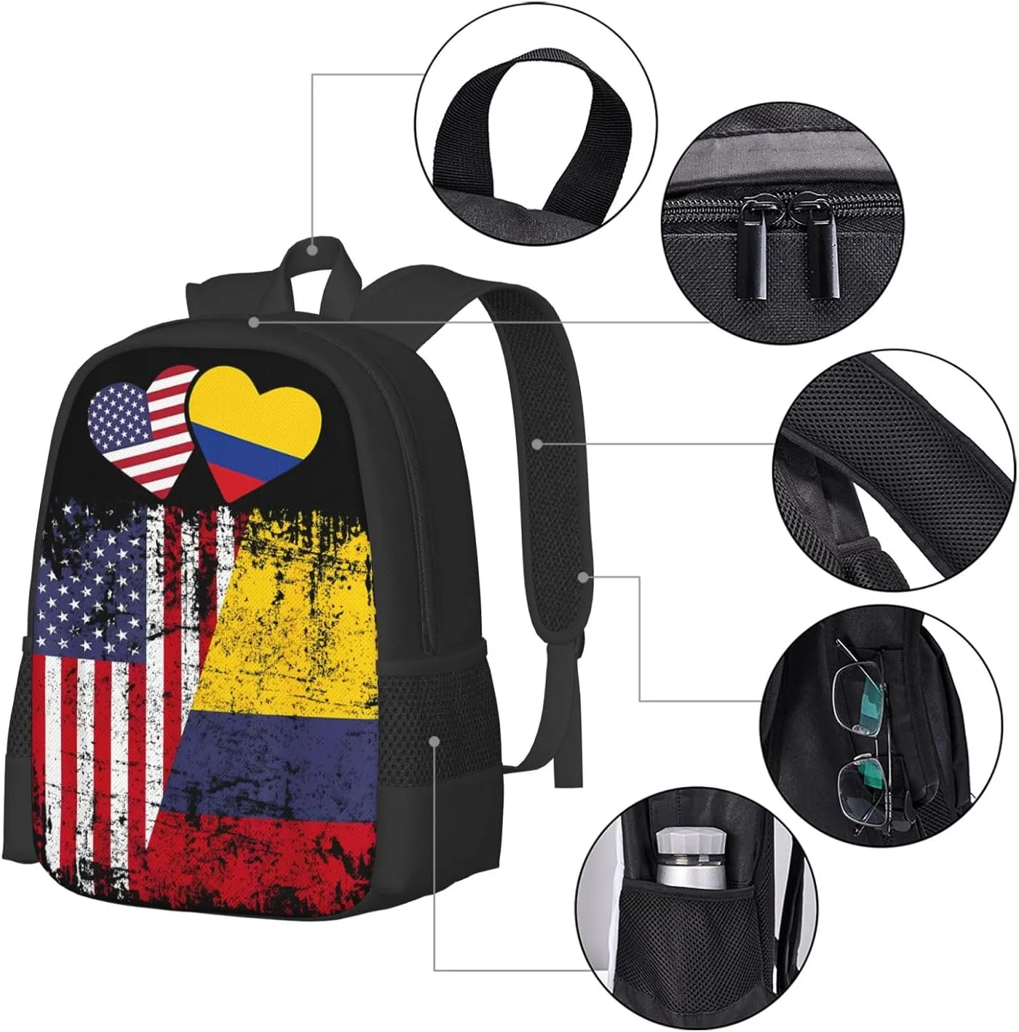 Colombian Roots Half American Flag Colombia Casual Backpack Large Capacity Backpacks 15 Inch Laptop Back Pack Travel Rucksack Daypack Commuter Bags with Adjustable Strap for Camping