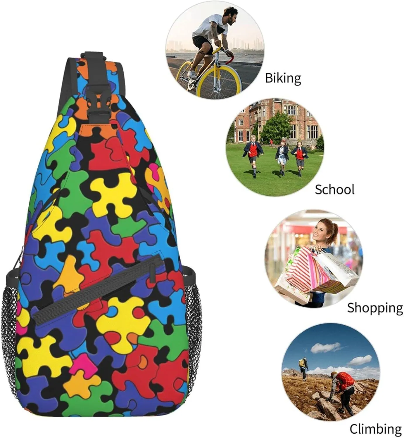 Colorful Autism Awareness Outdoor Cross-body Shoulder Bag, Unisex Backpack For Women Men Young Hiking Travel