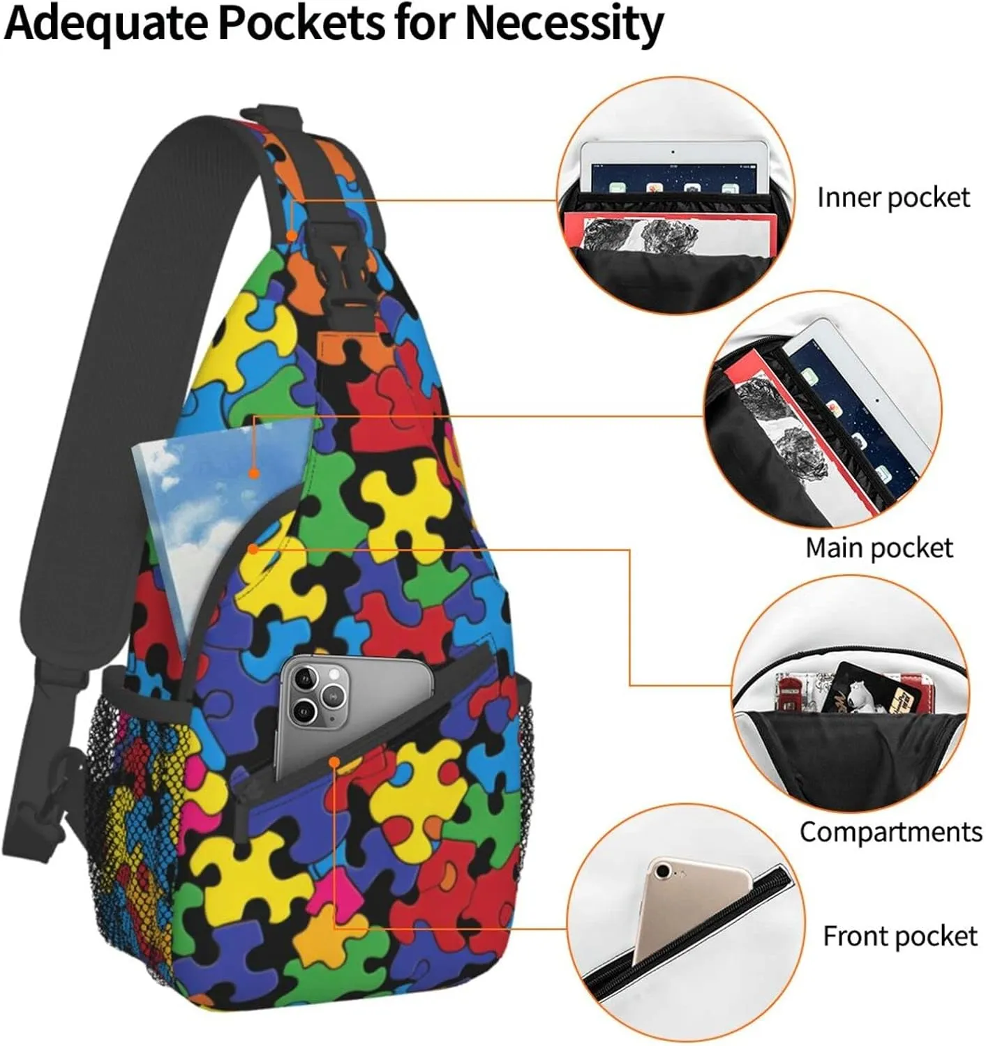 Colorful Autism Awareness Outdoor Cross-body Shoulder Bag, Unisex Backpack For Women Men Young Hiking Travel
