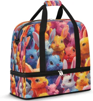 Colorful Bunny Crowd Travel Duffel Bag, Travel Essentials, Gym Bag for Women, Weekender Overnight Bag With Shoes Compartment, Carry On Bags for Airplanes
